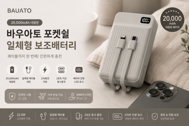 바우아토 포켓쉴 고속 입출력 케이블 일체형 미니 대용량 보조배터리 20000mAh C타입 애플8핀 PD 22.5W