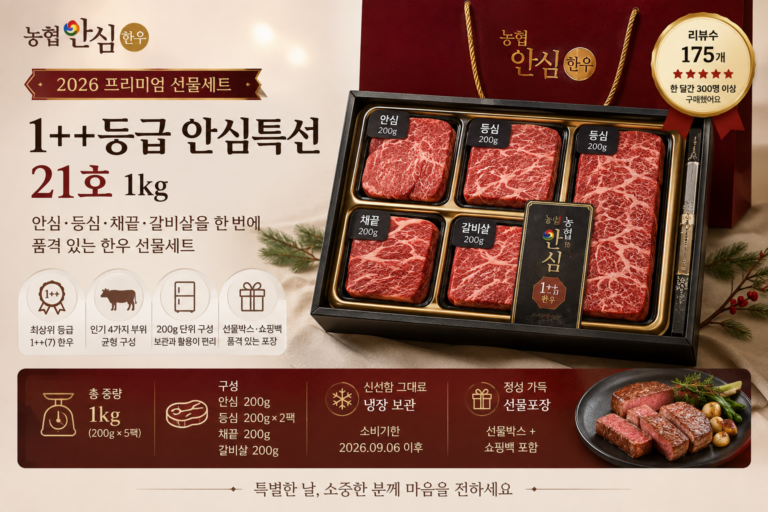 10만원대 추석선물세트 농협안심한우 1++등급 안심특선 21호 총1kg 등심200g 2p + 안심200g + 채끝200g + 갈비살200g