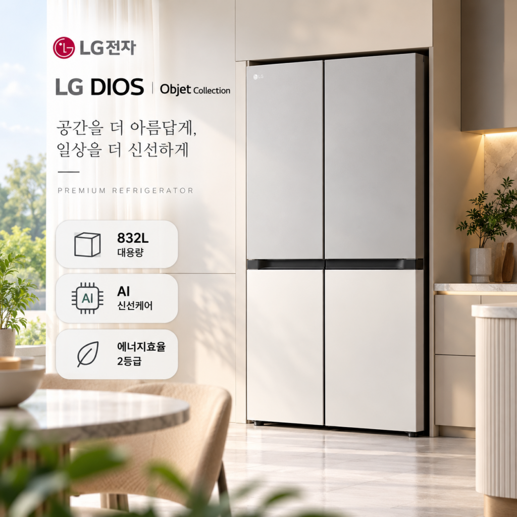 LG전자 디오스 AI 오브제컬렉션 832L 양문형 냉장고 방문설치크림그레이 S836MRQ032 제품 이미지