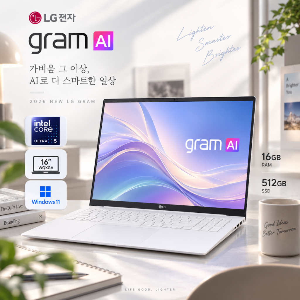 LG전자 2026 그램 gram AI 16 코어 Ultra5 스노우 화이트 16ZB90S-GA5PK 16GB 512GB WIN11 Home 사무용 가성비 노트북 추천 제품 이미지