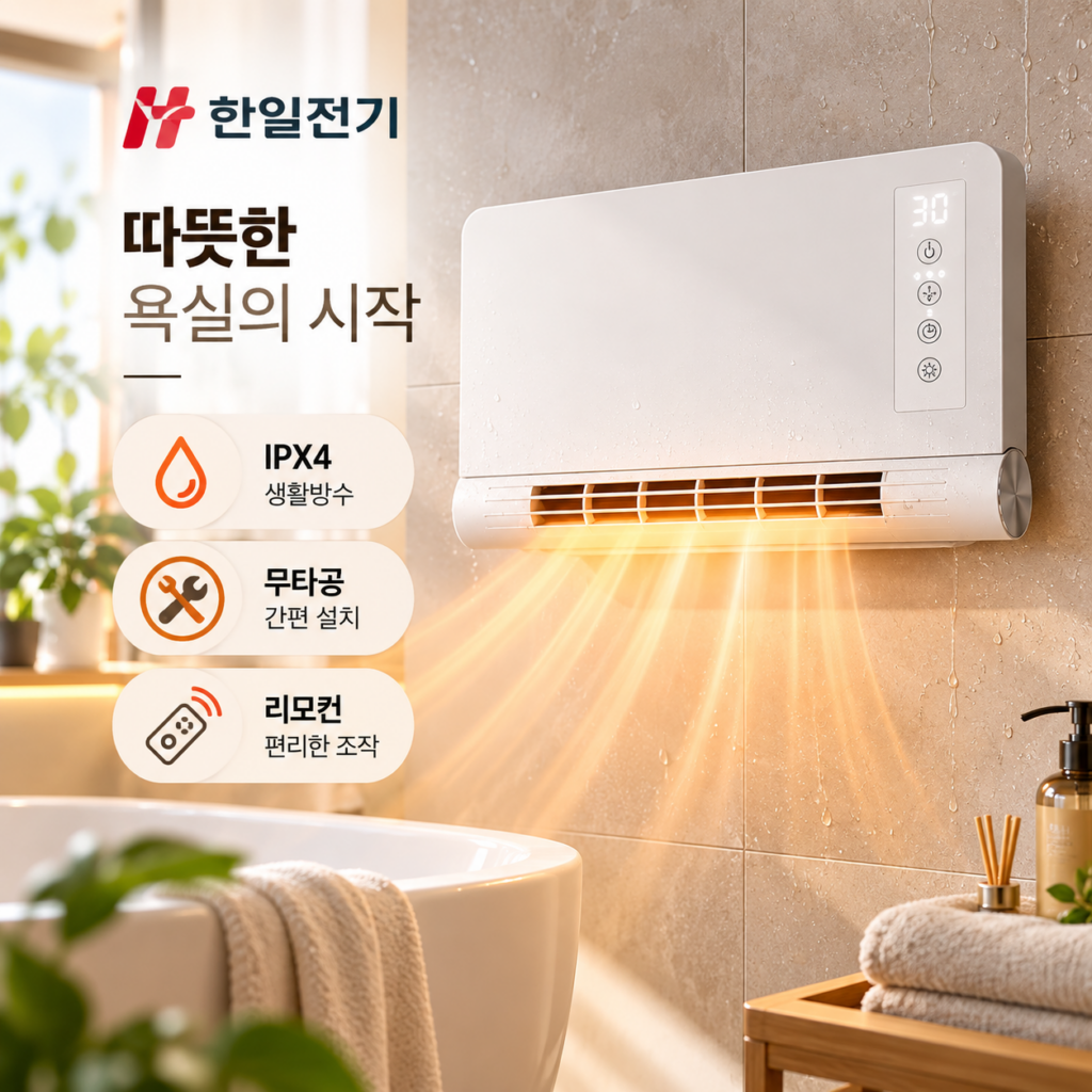 한일 욕실 온풍기 무타공설치 방수 IPX4 가정용 사무실 화장실 벽걸이 히터 HBH-1575R | 지에스 gs홈쇼핑 제품 이미지
